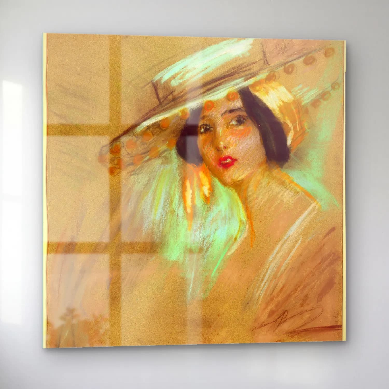 Vintage Şapkalı Kadın – Pastel Tonlar cam tablo — sol açıdan görünüm