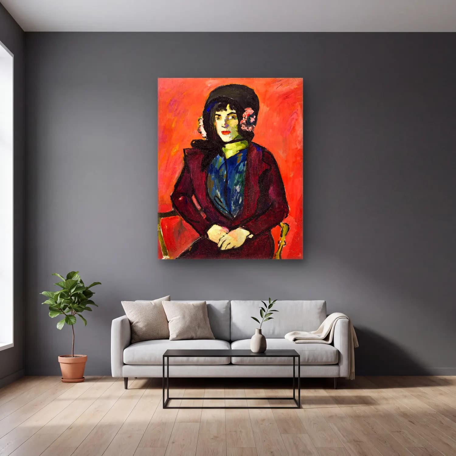Empresyonist Kadın Portresi No. 31 cam tablo — gri duvarlı salonda