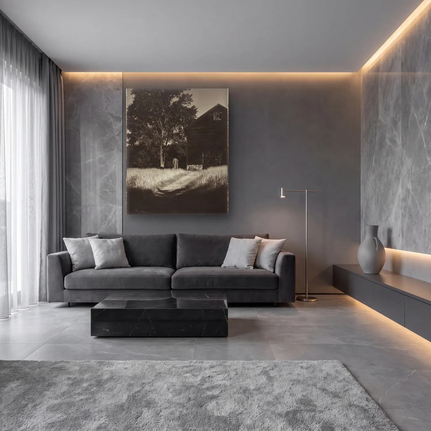Siyah Beyaz Kır Evi No. 5 cam tablo — lüks salon duvarında