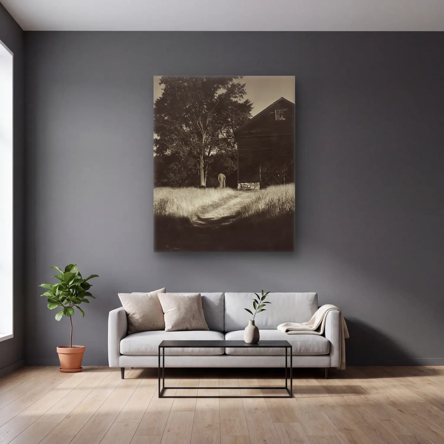 Siyah Beyaz Kır Evi No. 5 cam tablo — gri duvarlı salonda
