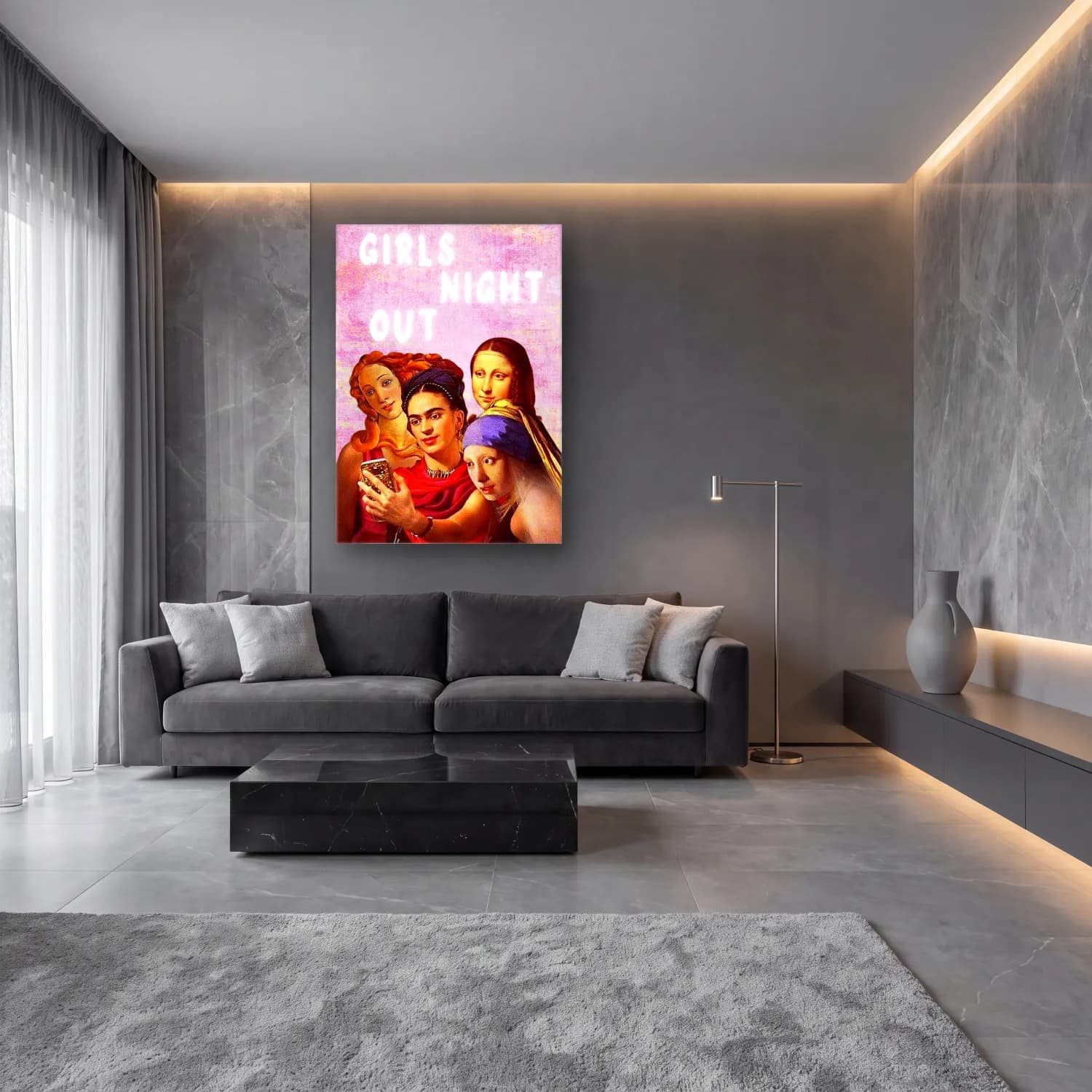 Maksimalist Gece Şehir No. 2 cam tablo — lüks salon duvarında