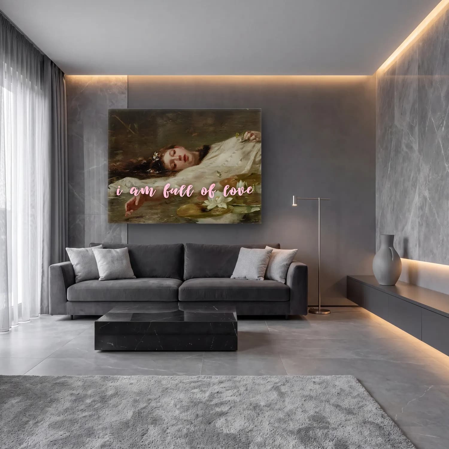 Yağlı Boya Aşıklar No. 7 cam tablo — lüks salon duvarında