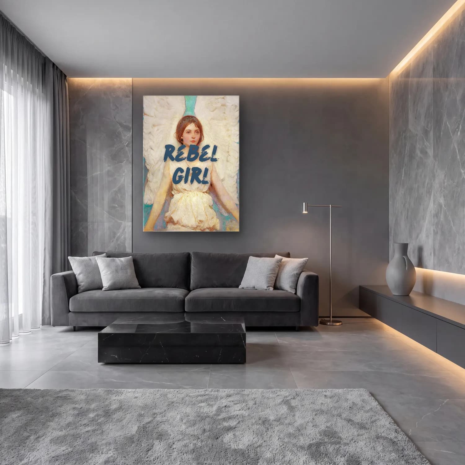 Vintage Poster Kız Çocuğu Portresi – Turkuaz Tonlar cam tablo — lüks salon duvarında