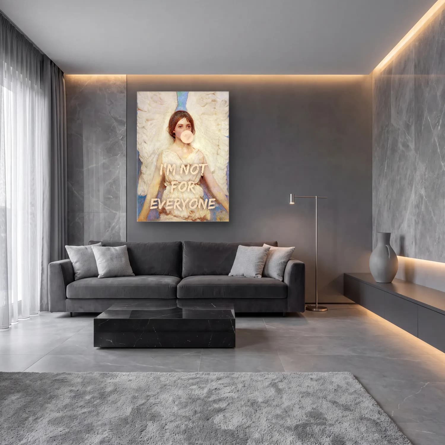 Pastel Melek No. 8 cam tablo — lüks salon duvarında
