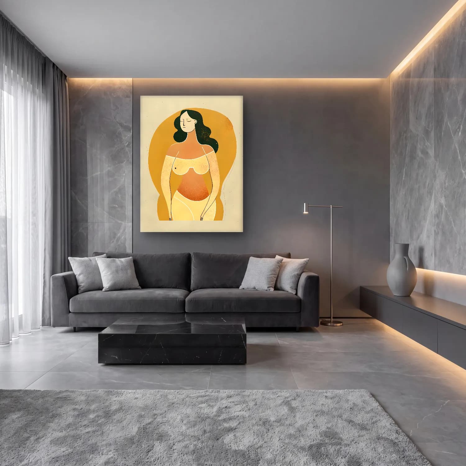 Boho Figür Çalışması – Bej Tonlar cam tablo — lüks salon duvarında