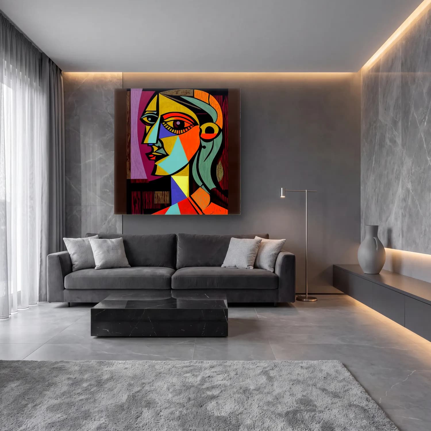 Pop Art Soyut Yüz – Siyah Beyaz Tonlar cam tablo — lüks salon duvarında