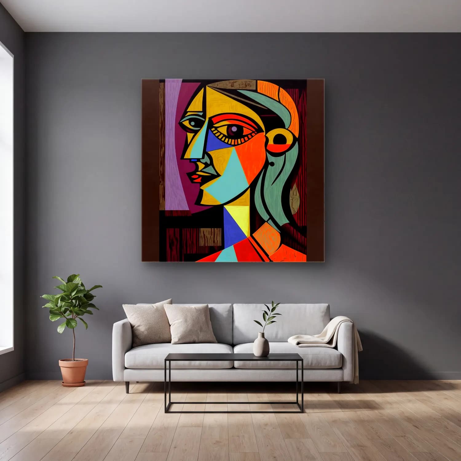 Pop Art Soyut Yüz – Siyah Beyaz Tonlar cam tablo — gri duvarlı salonda