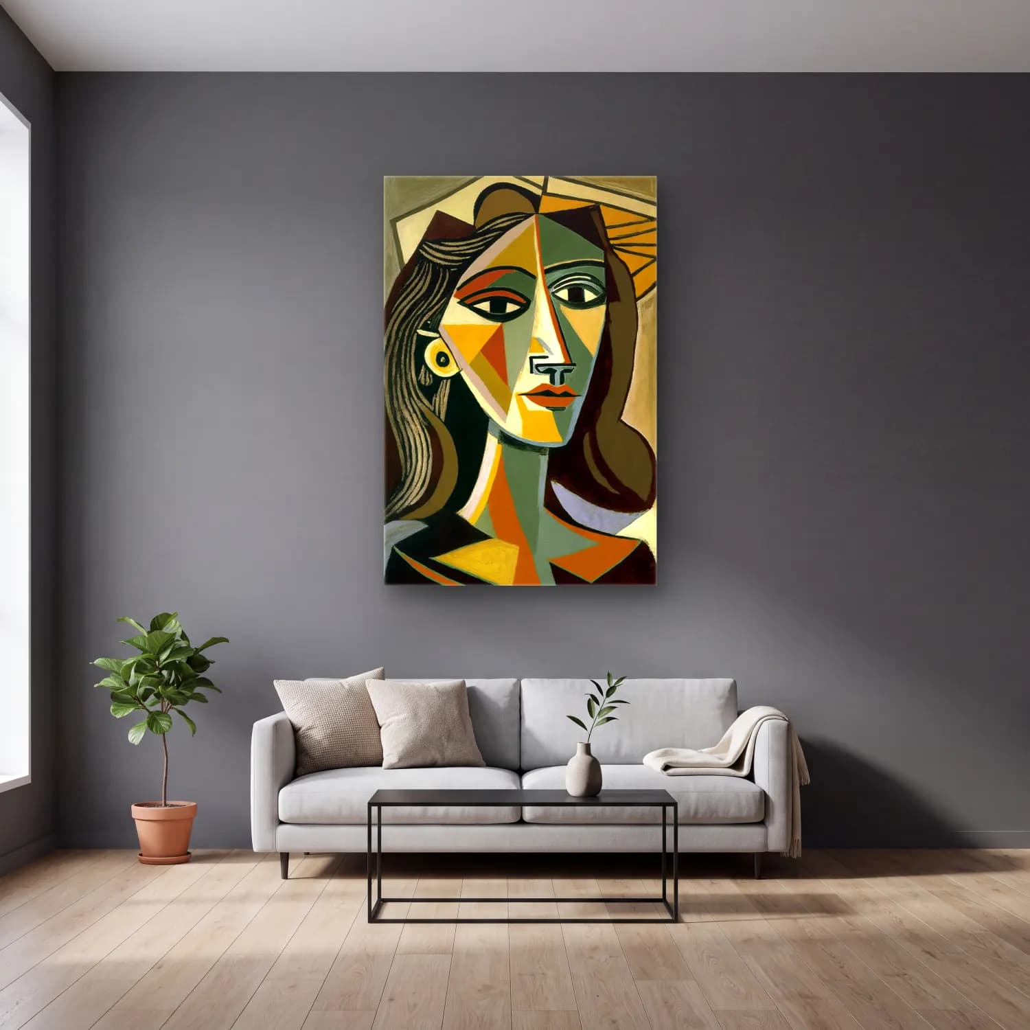 Pop Art Kadın Portresi No. 3 cam tablo — gri duvarlı salonda