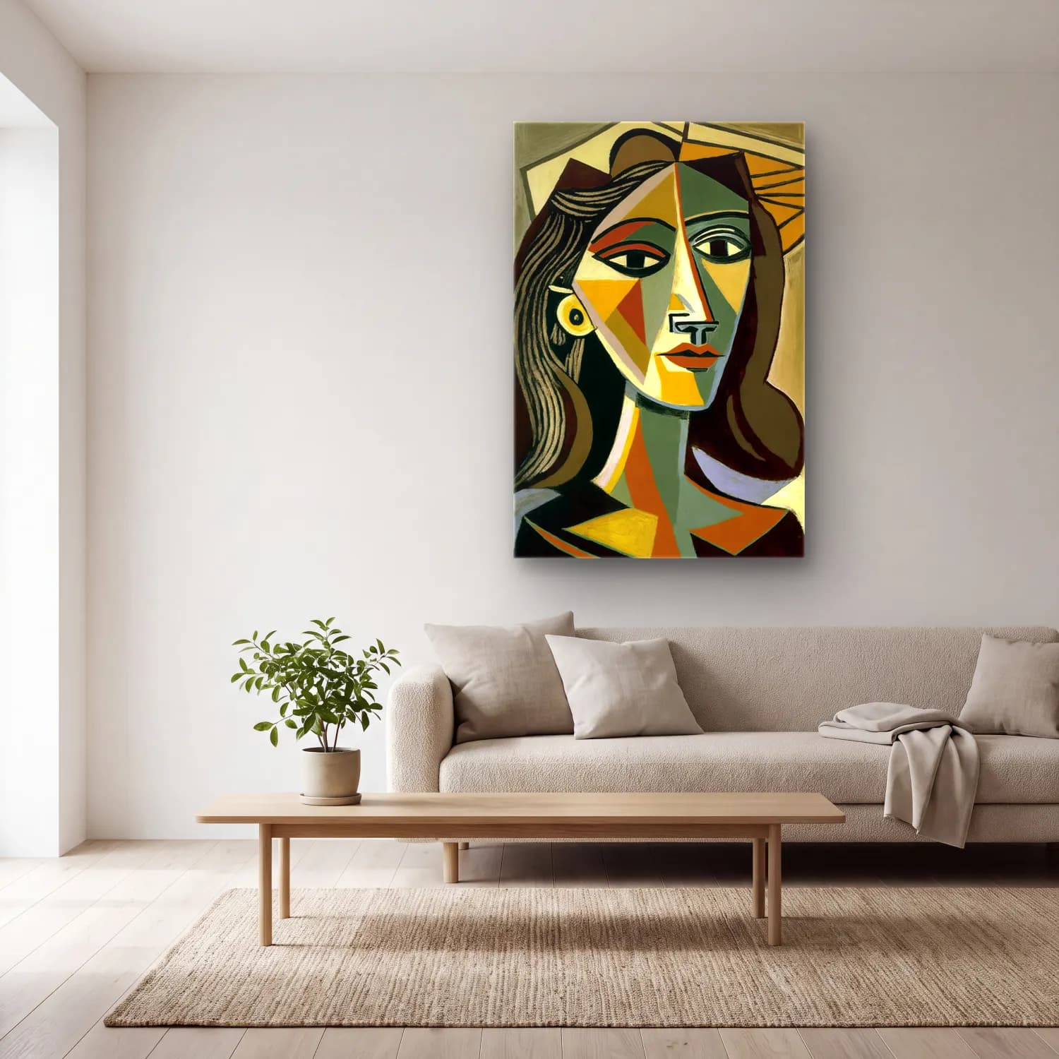 Pop Art Kadın Portresi No. 3 cam tablo — açık renk salonda
