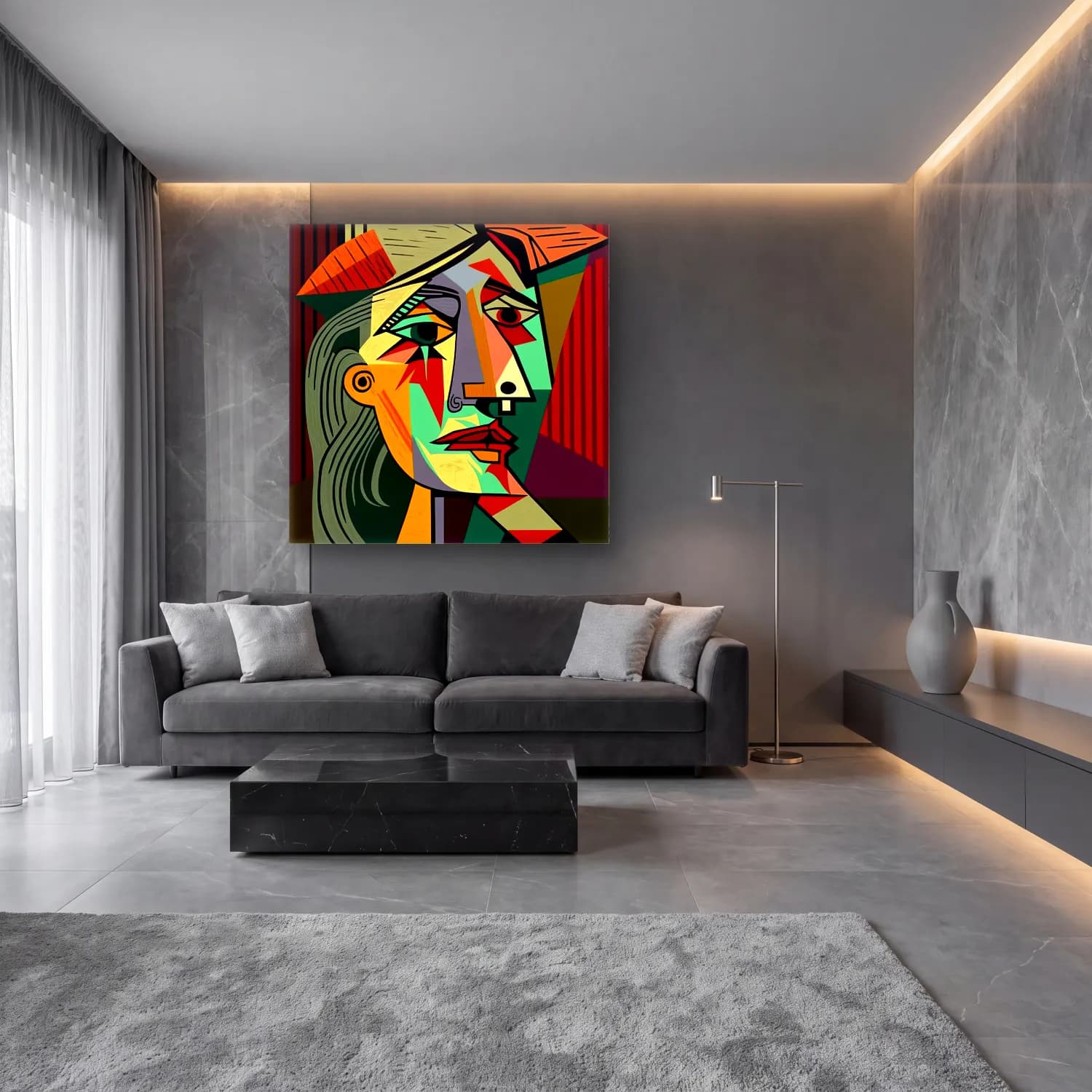 Modern Soyut Yüz No. 6 cam tablo — lüks salon duvarında