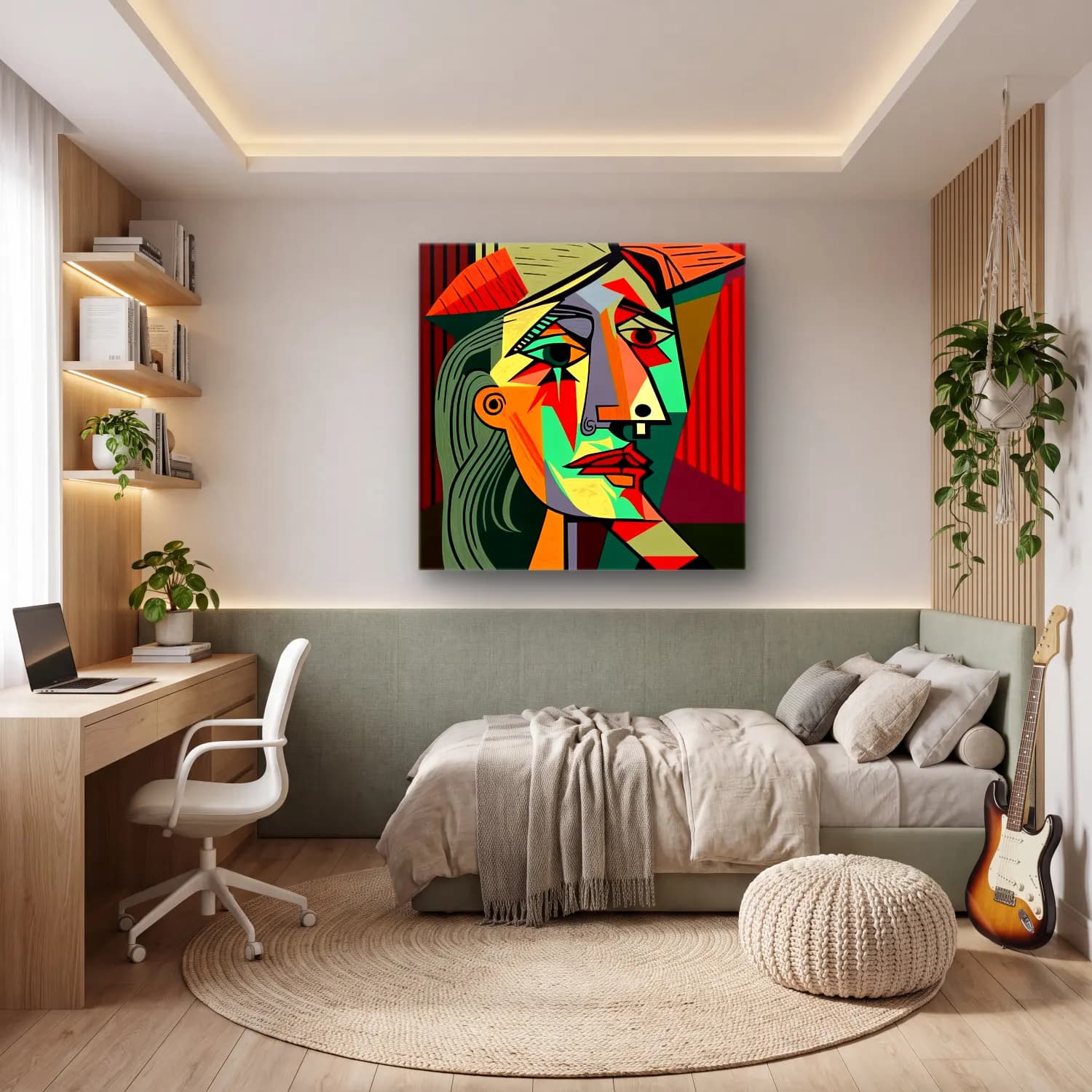 Modern Soyut Yüz No. 6 cam tablo — genç odasında