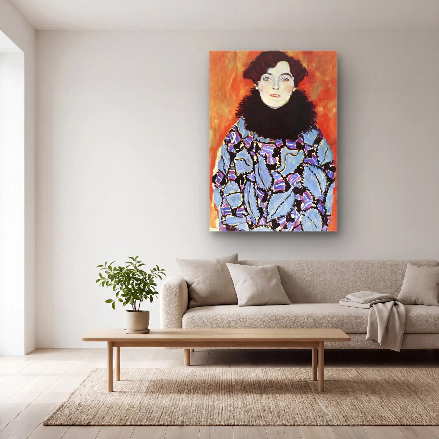 Boho Elbiseli Kadın No. 3 cam tablo — açık renk salonda