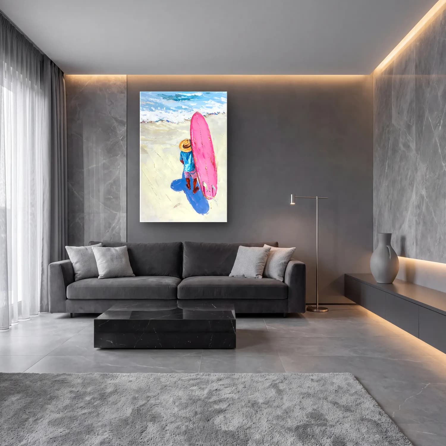 Yağlı Boya Sörf – Pembe Tonlar cam tablo — lüks salon duvarında