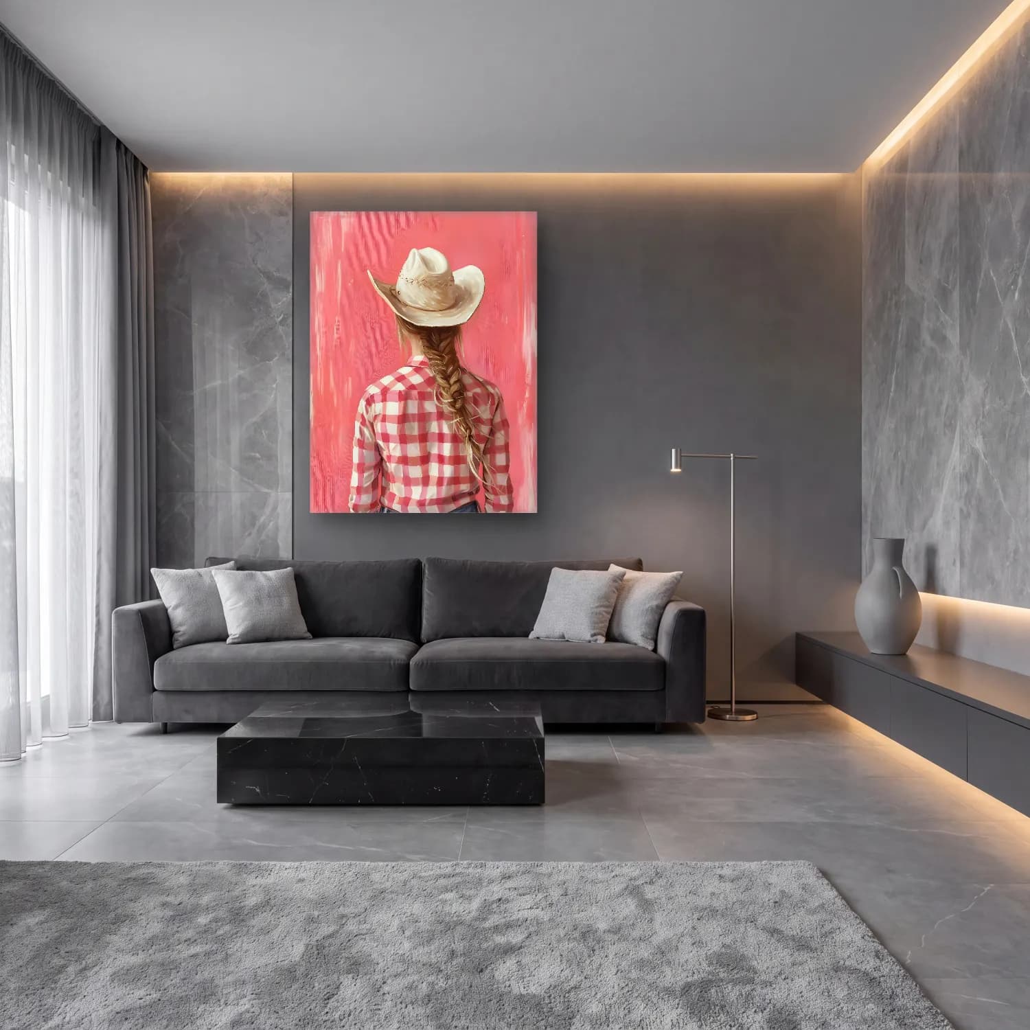 Yağlı Boya Şapkalı Kadın No. 11 cam tablo — lüks salon duvarında