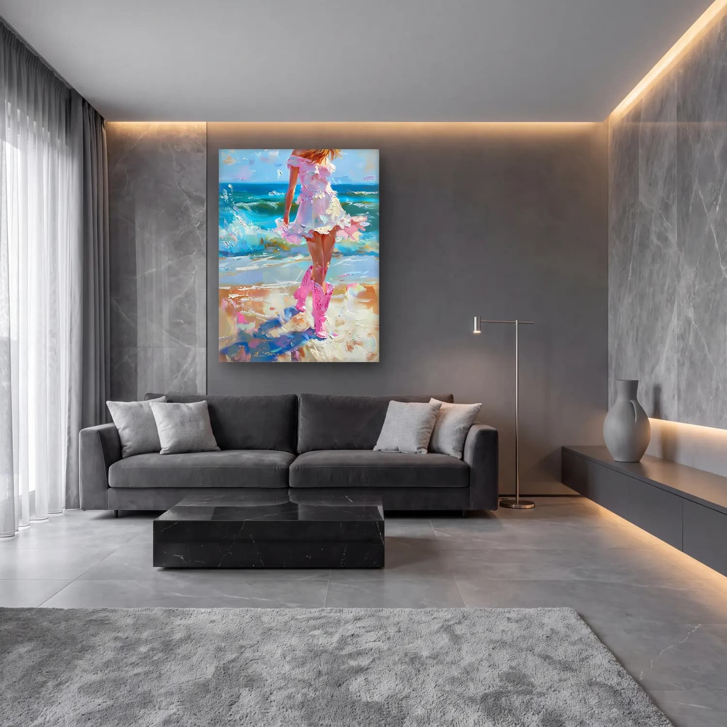 Yağlı Boya Elbiseli Kadın – Pembe Tonlar cam tablo — lüks salon duvarında