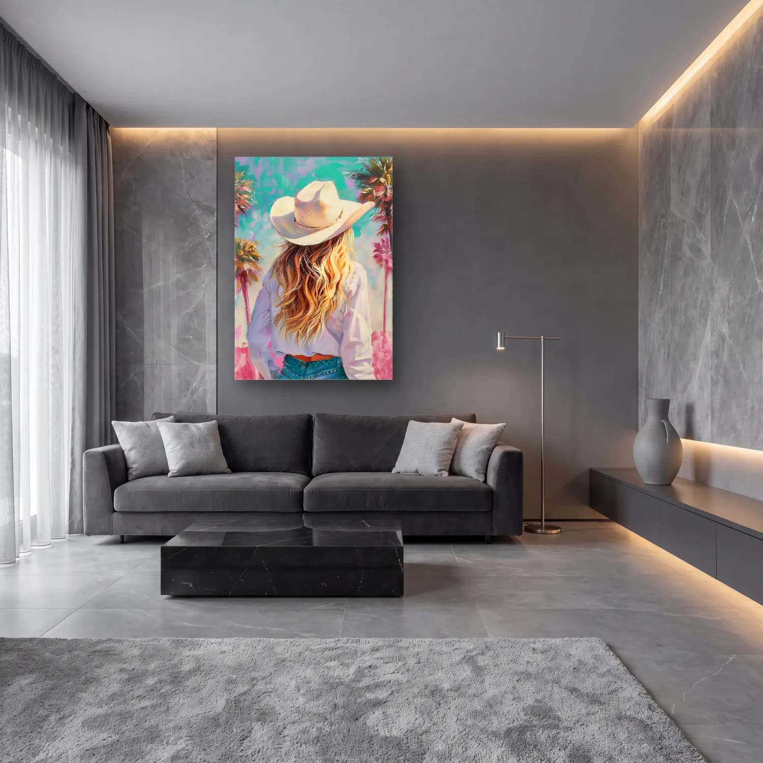 Pastel Şapkalı Kadın No. 8 cam tablo — lüks salon duvarında