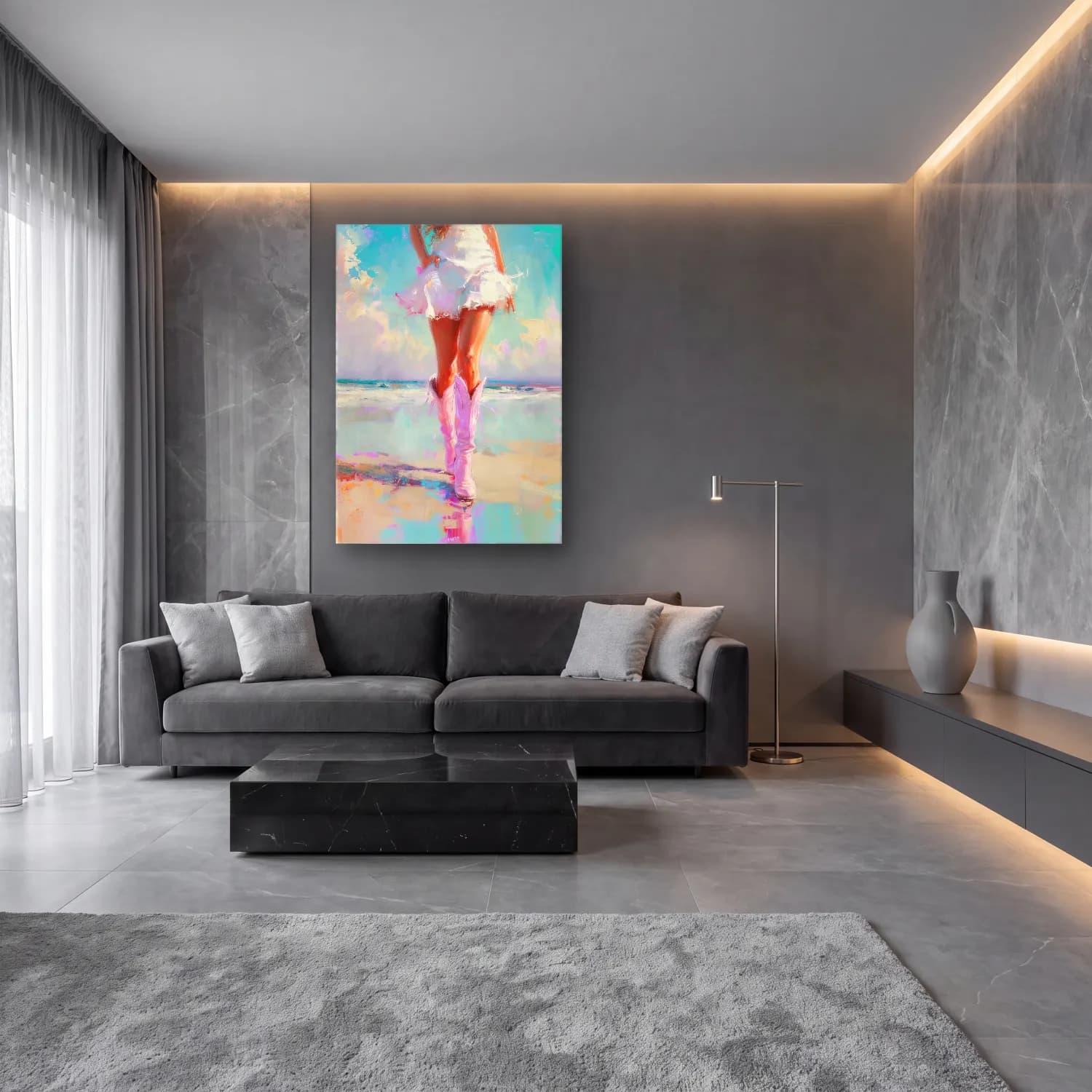 Pastel Balerin No. 5 cam tablo — lüks salon duvarında
