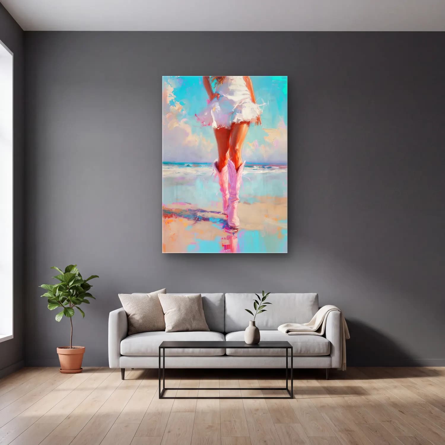 Pastel Balerin No. 5 cam tablo — gri duvarlı salonda