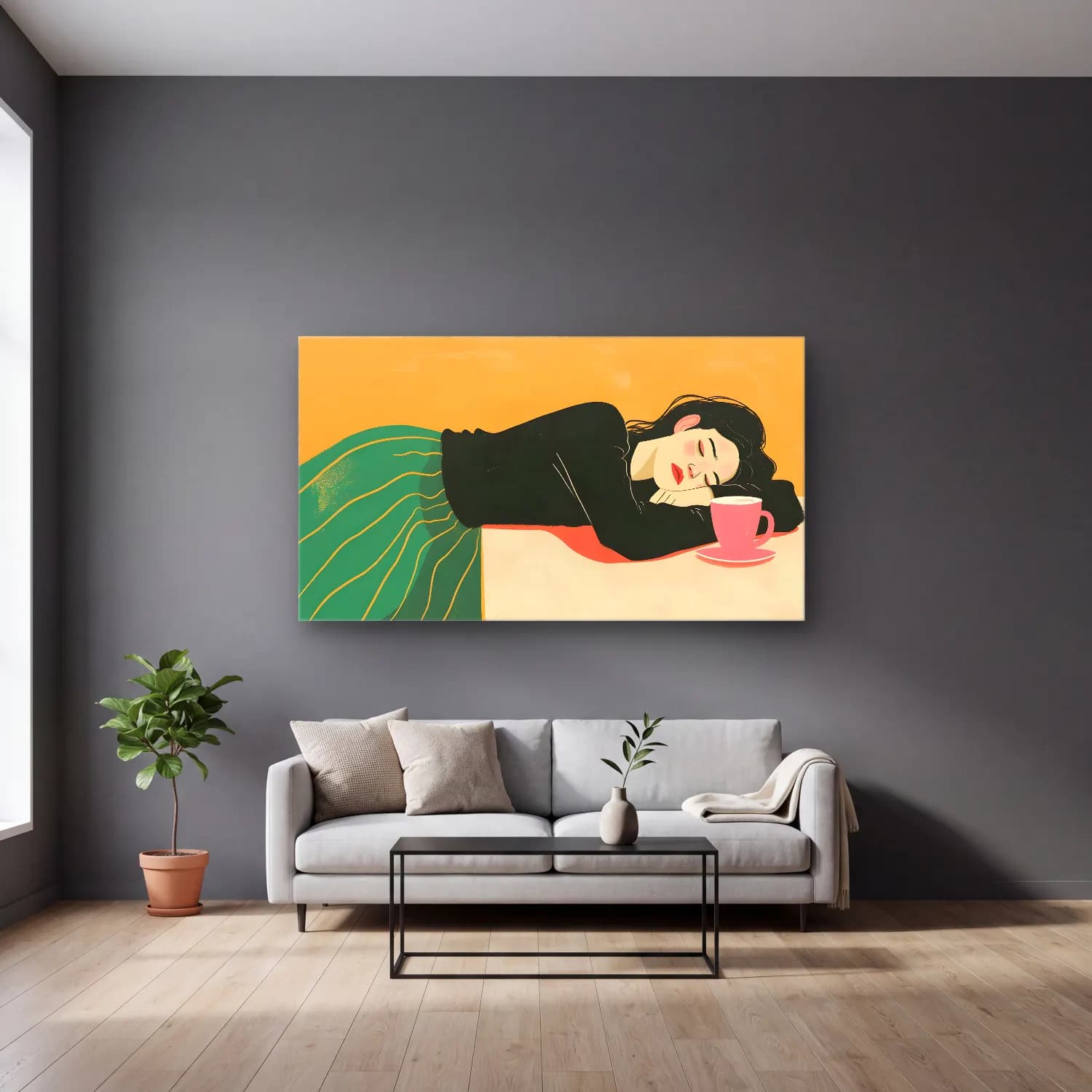 Boho Elbiseli Kadın No. 4 cam tablo — gri duvarlı salonda