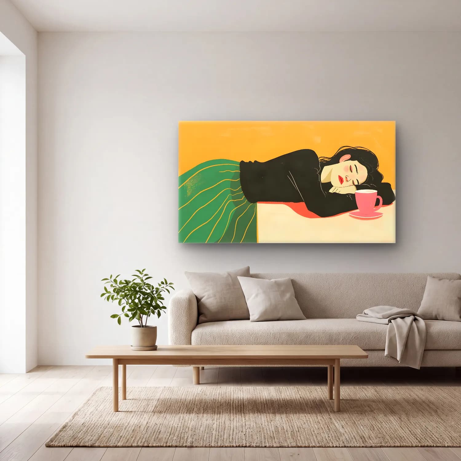Boho Elbiseli Kadın No. 4 cam tablo — açık renk salonda