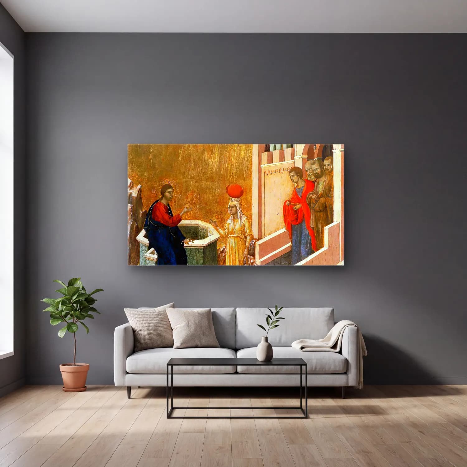 Duccio di Buoninsegna – Christ and the Samaritan Woman (scene 6) cam tablo — gri duvarlı salonda