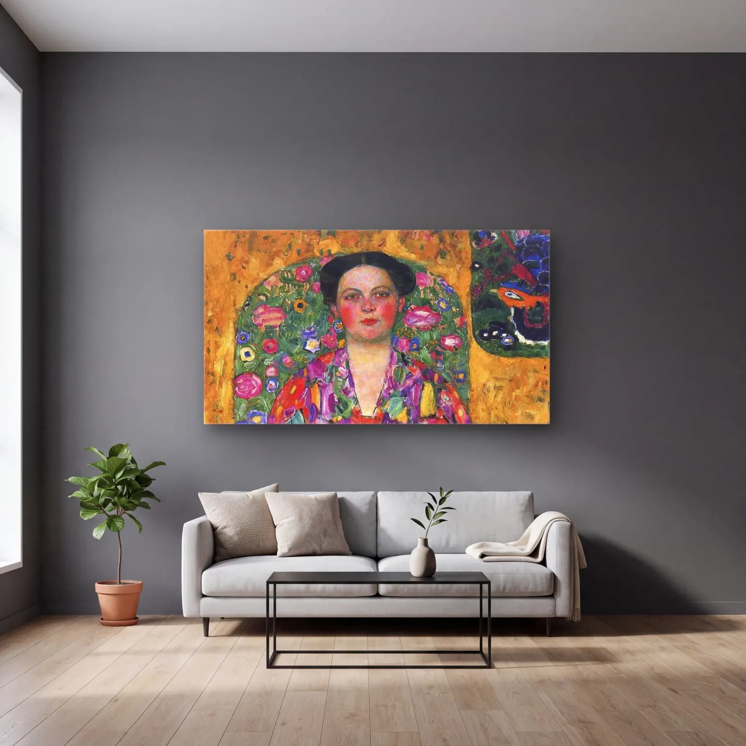 Gustav Klimt – Portrait of Eugenia Primavesi cam tablo — gri duvarlı salonda