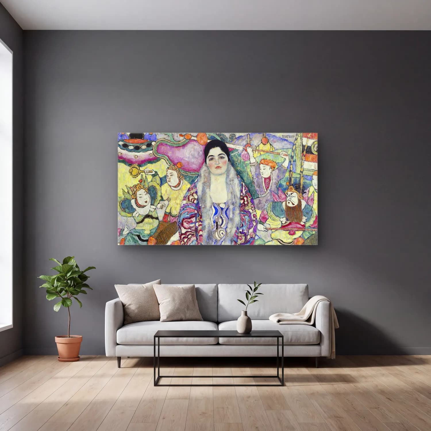 Gustav Klimt – Portrait of Friederike Maria Beer cam tablo — gri duvarlı salonda