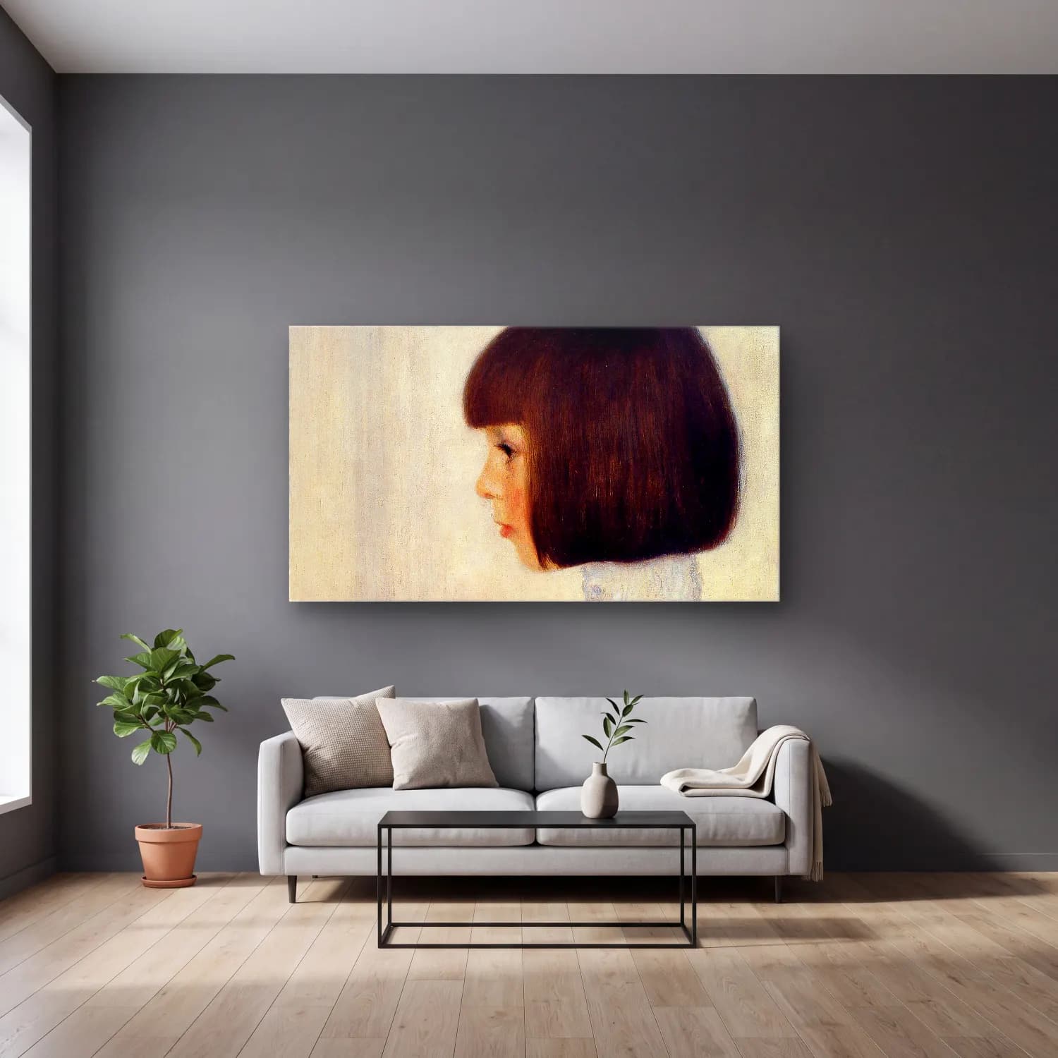 Gustav Klimt – Portrait of Helene Klimt cam tablo — gri duvarlı salonda
