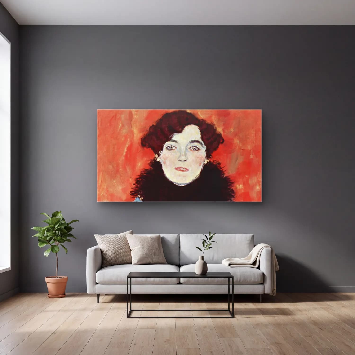 Gustav Klimt – Portrait of Johanna Staude cam tablo — gri duvarlı salonda