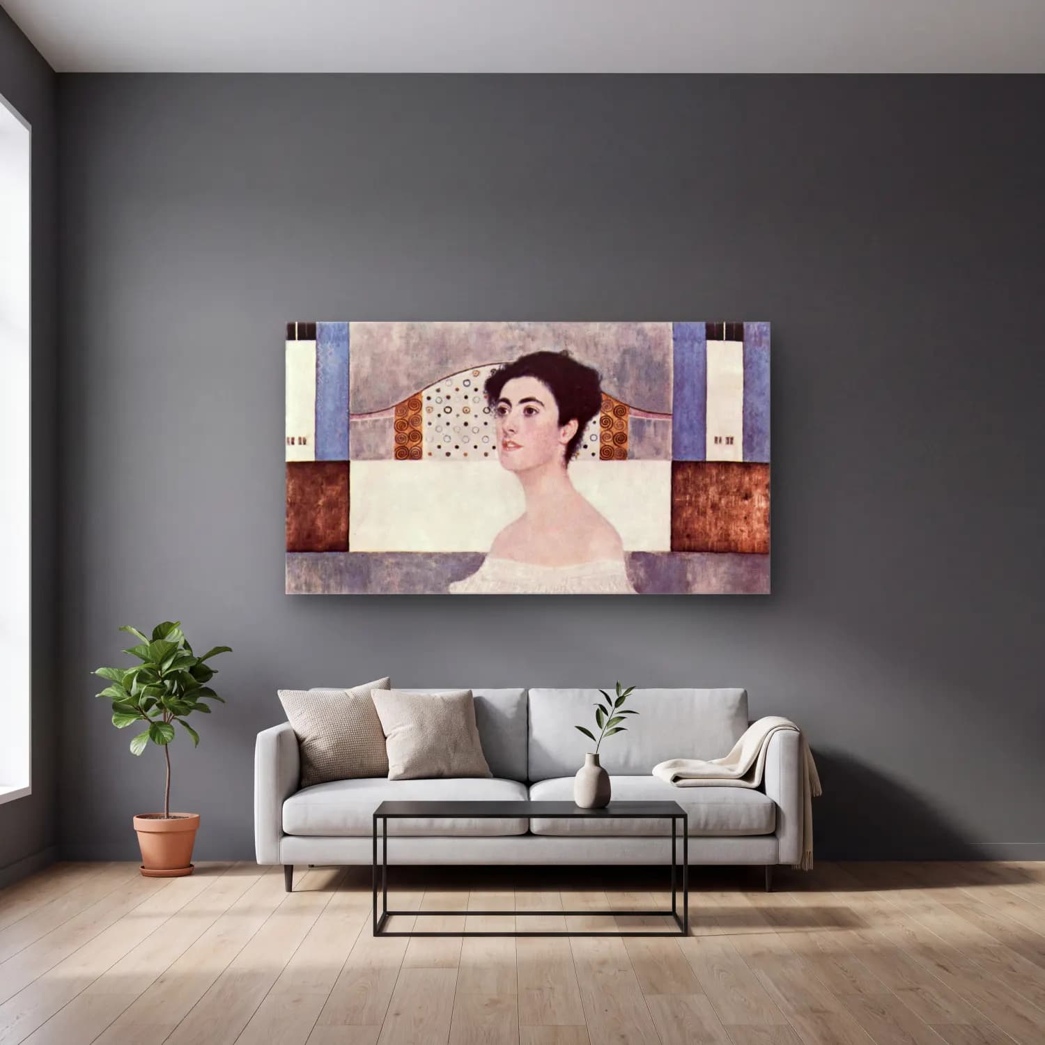 Gustav Klimt – Portrait of Margaret Stonborough-Wittgenstein cam tablo — gri duvarlı salonda