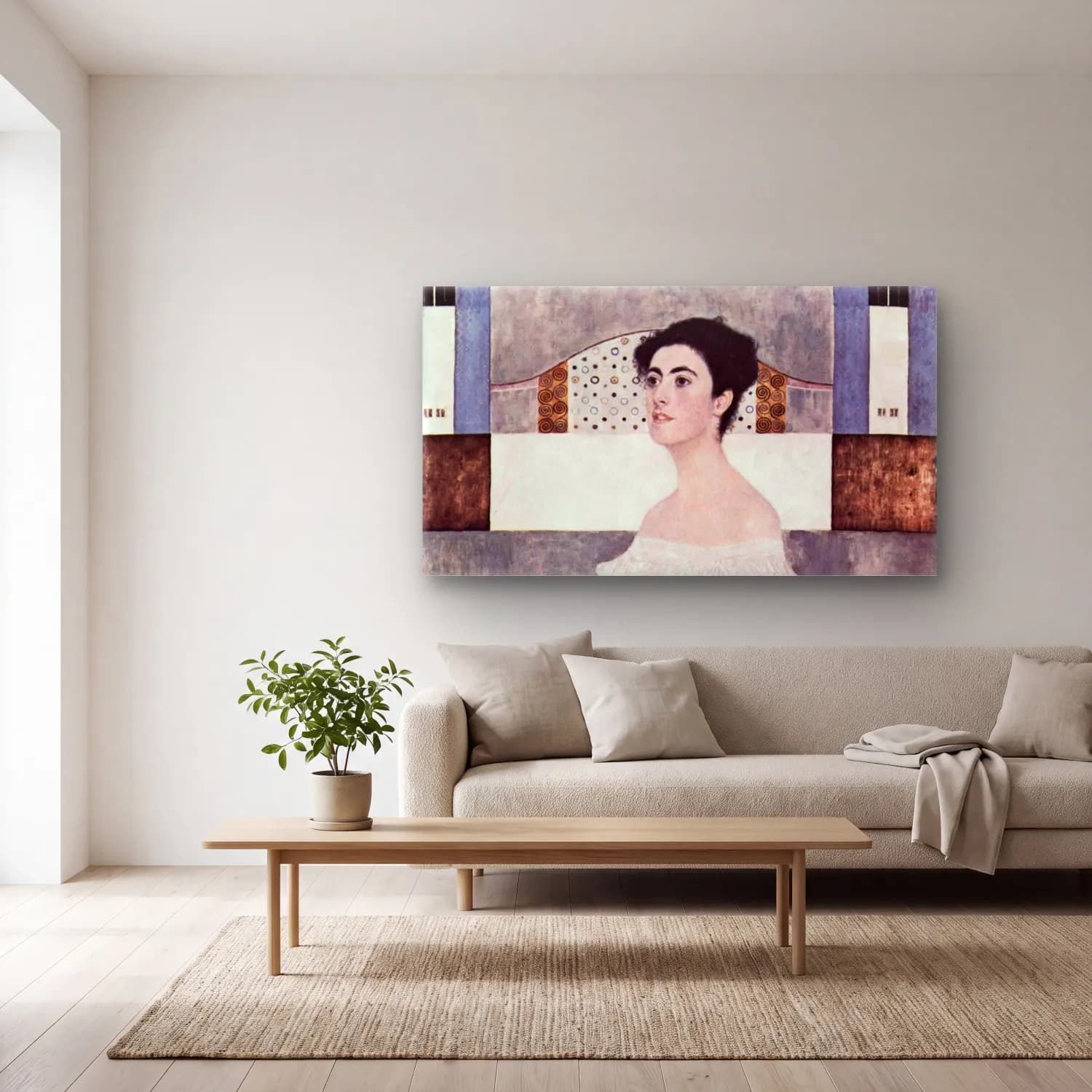 Gustav Klimt – Portrait of Margaret Stonborough-Wittgenstein cam tablo — açık renk salonda