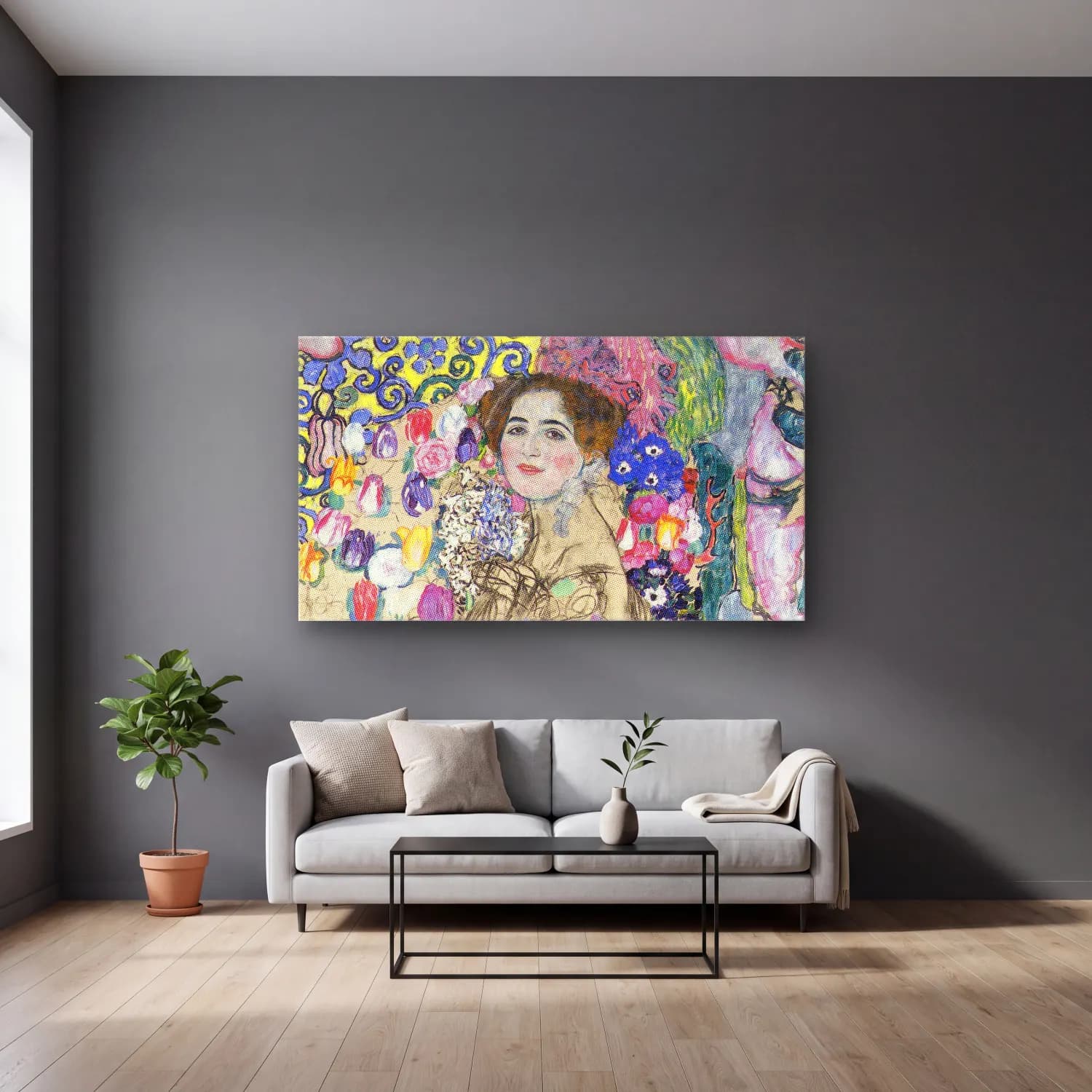 Gustav Klimt – Portrait of Maria Munk cam tablo — gri duvarlı salonda