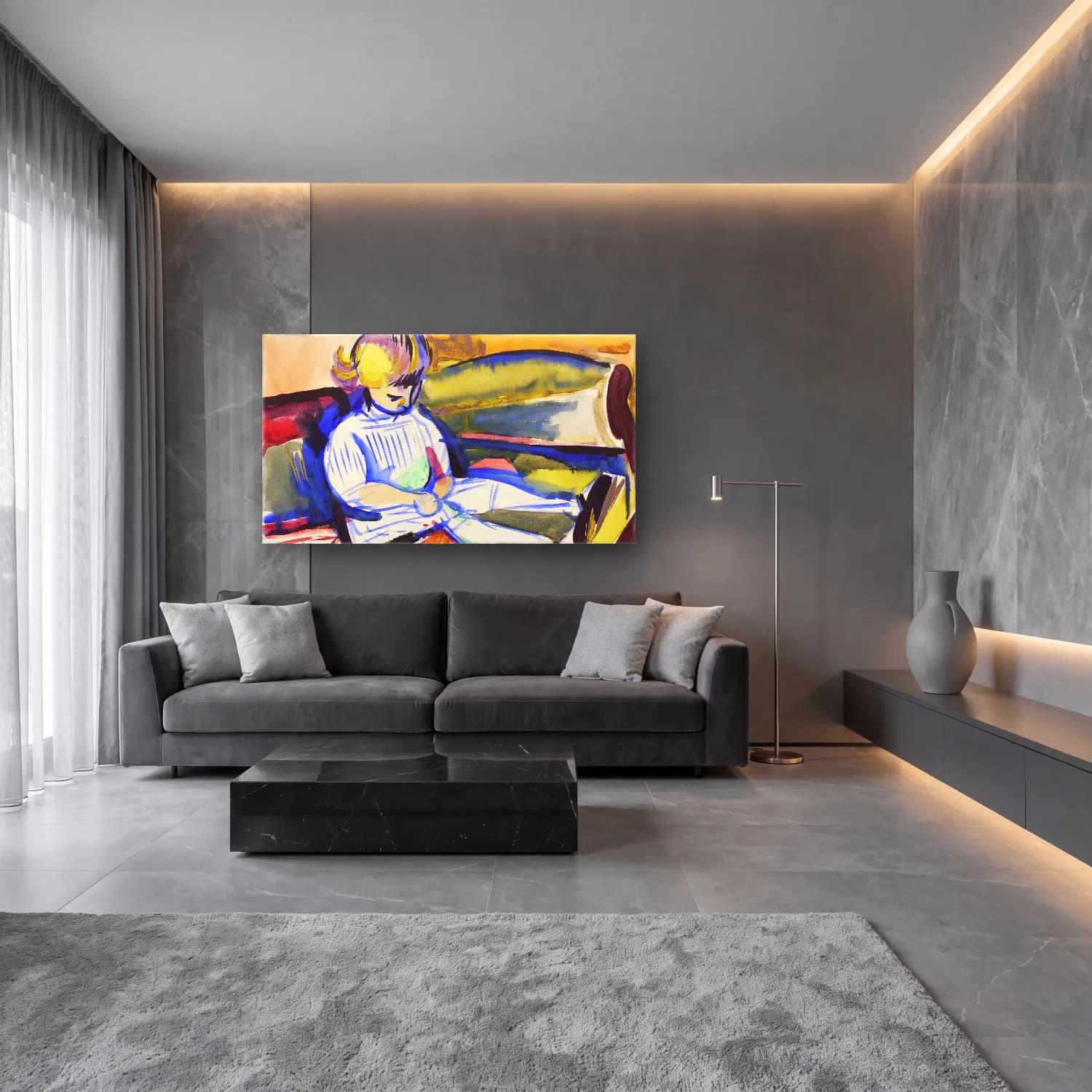 Henry Lyman Saÿen – Child on Sofa cam tablo — lüks salon duvarında