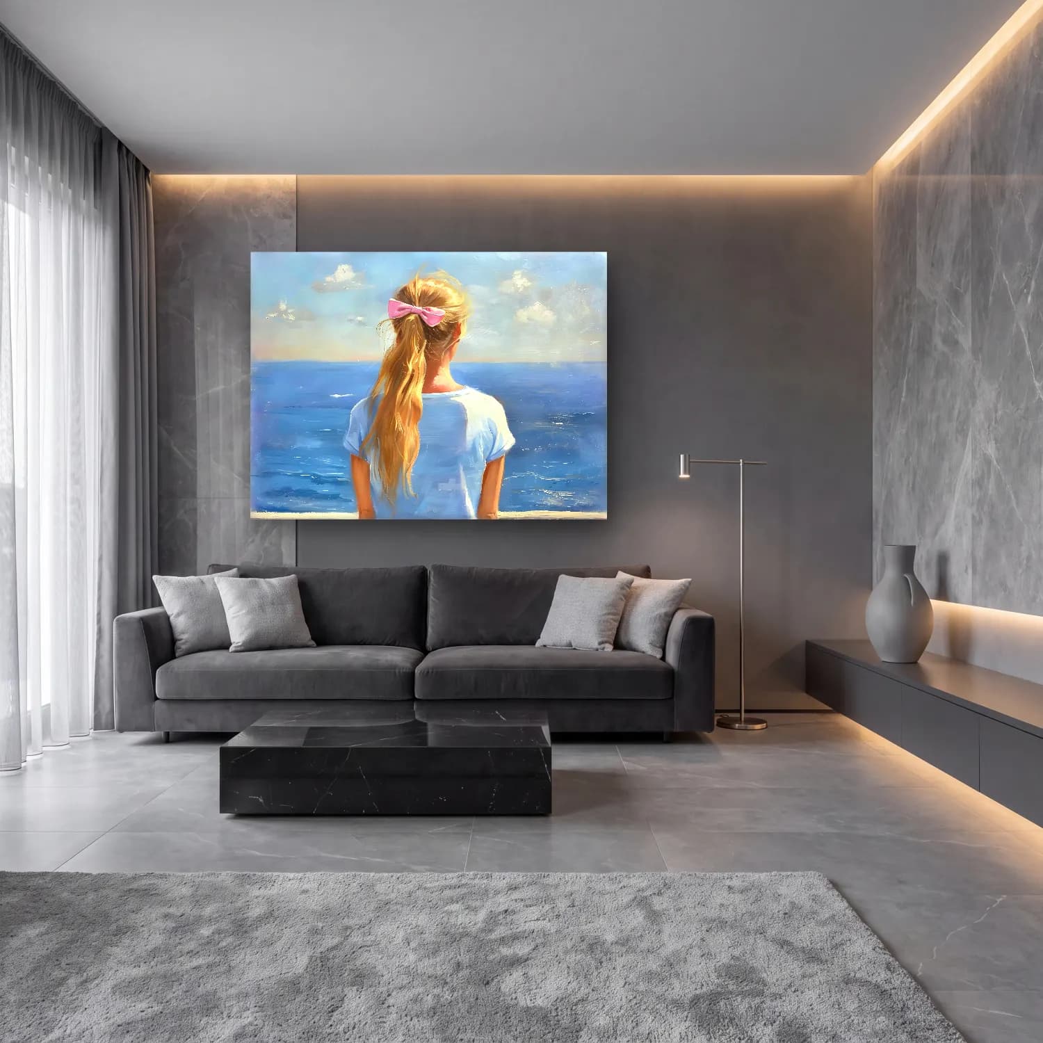 Yağlı Boya Fiyonk – Pembe Tonlar cam tablo — lüks salon duvarında