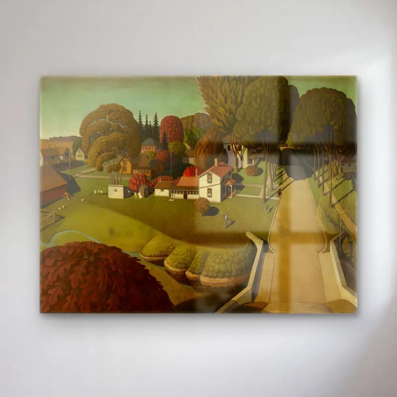 Grant Wood – Köy Sokağı cam tablo — Grant Wood – Köy Sokağı — yağlı boya köy sokağı