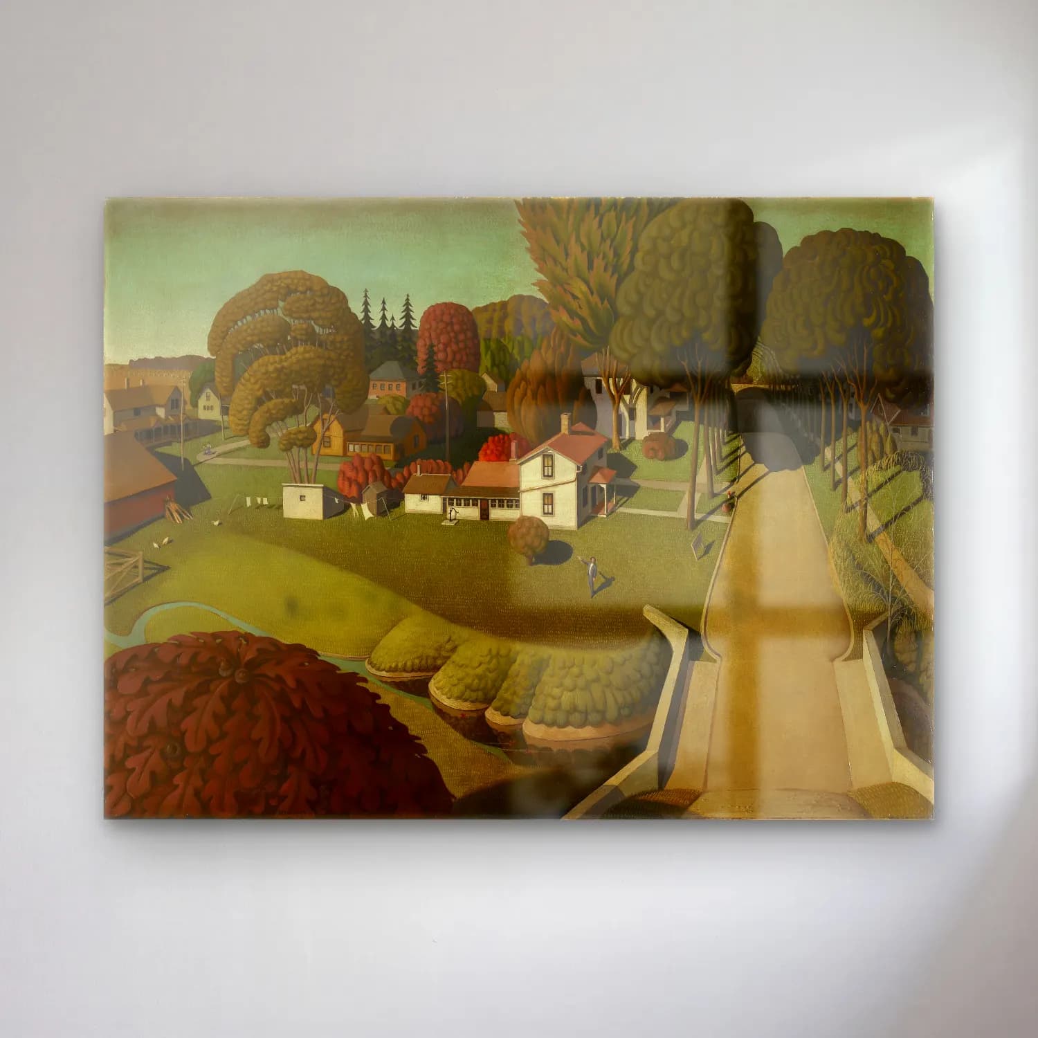 Grant Wood – Köy Sokağı cam tablo — Grant Wood – Köy Sokağı — yağlı boya köy sokağı
