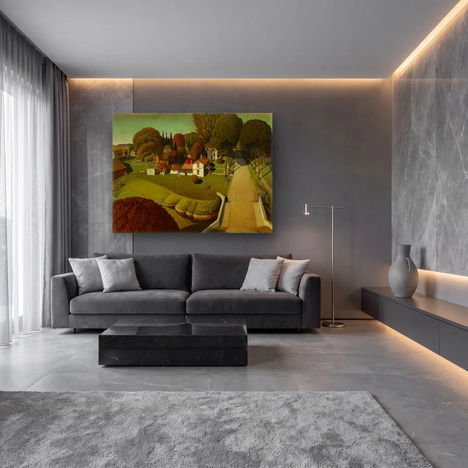 Grant Wood – Köy Sokağı cam tablo — lüks salon duvarında