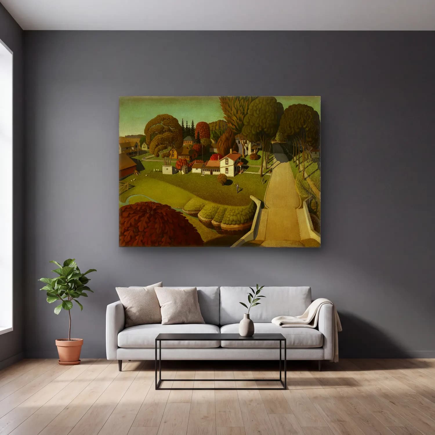 Grant Wood – Köy Sokağı cam tablo — gri duvarlı salonda