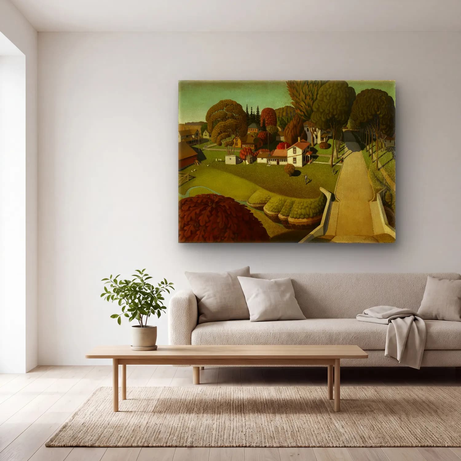 Grant Wood – Köy Sokağı cam tablo — açık renk salonda