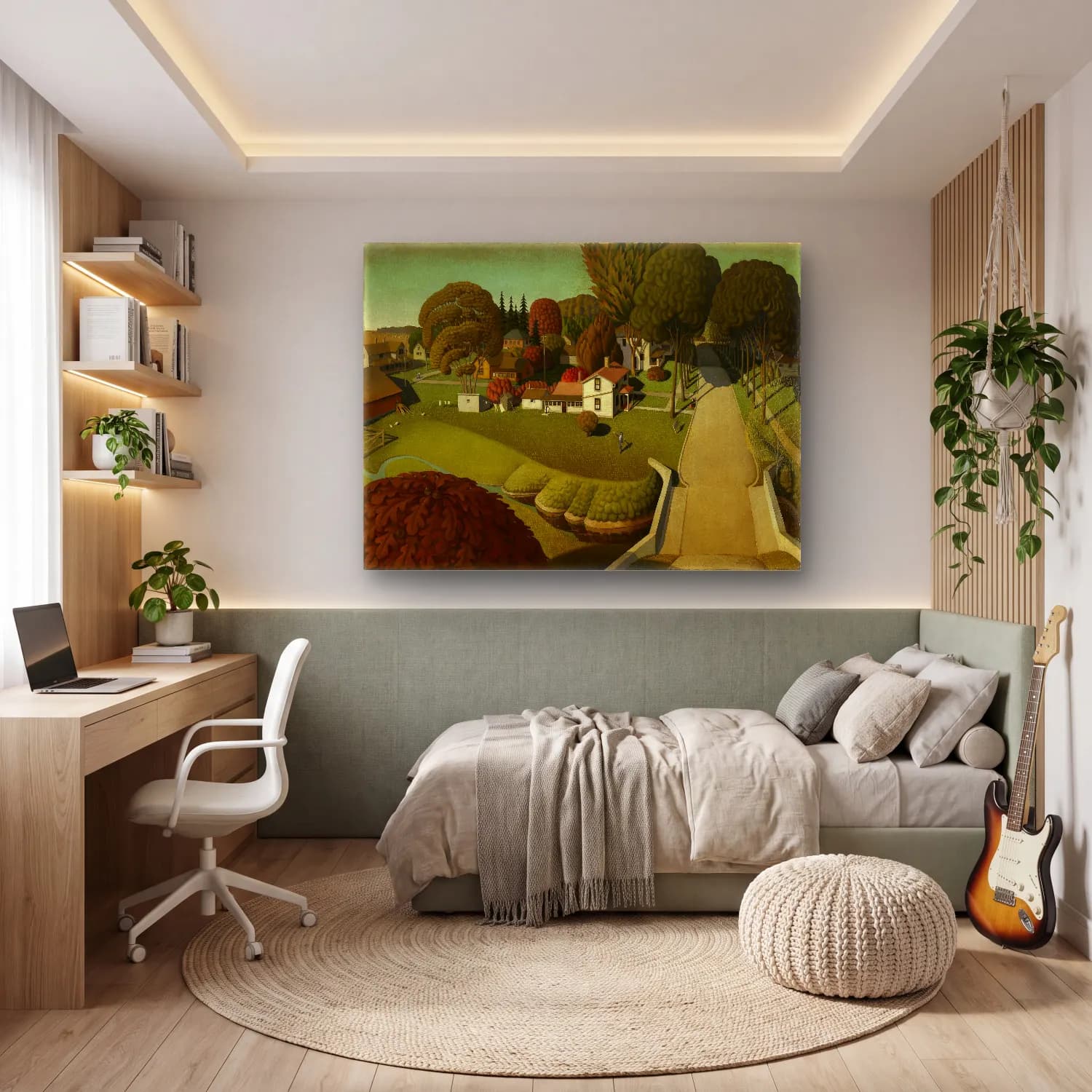 Grant Wood – Köy Sokağı cam tablo — genç odasında