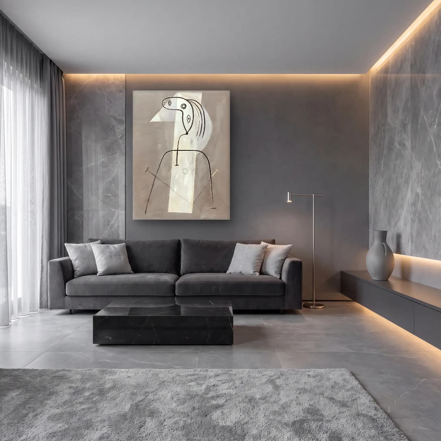 Modern Soyut Yüz No. 12 cam tablo — lüks salon duvarında