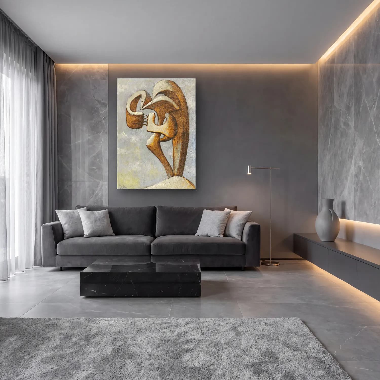 Modern Soyut Aşıklar No. 9 cam tablo — lüks salon duvarında