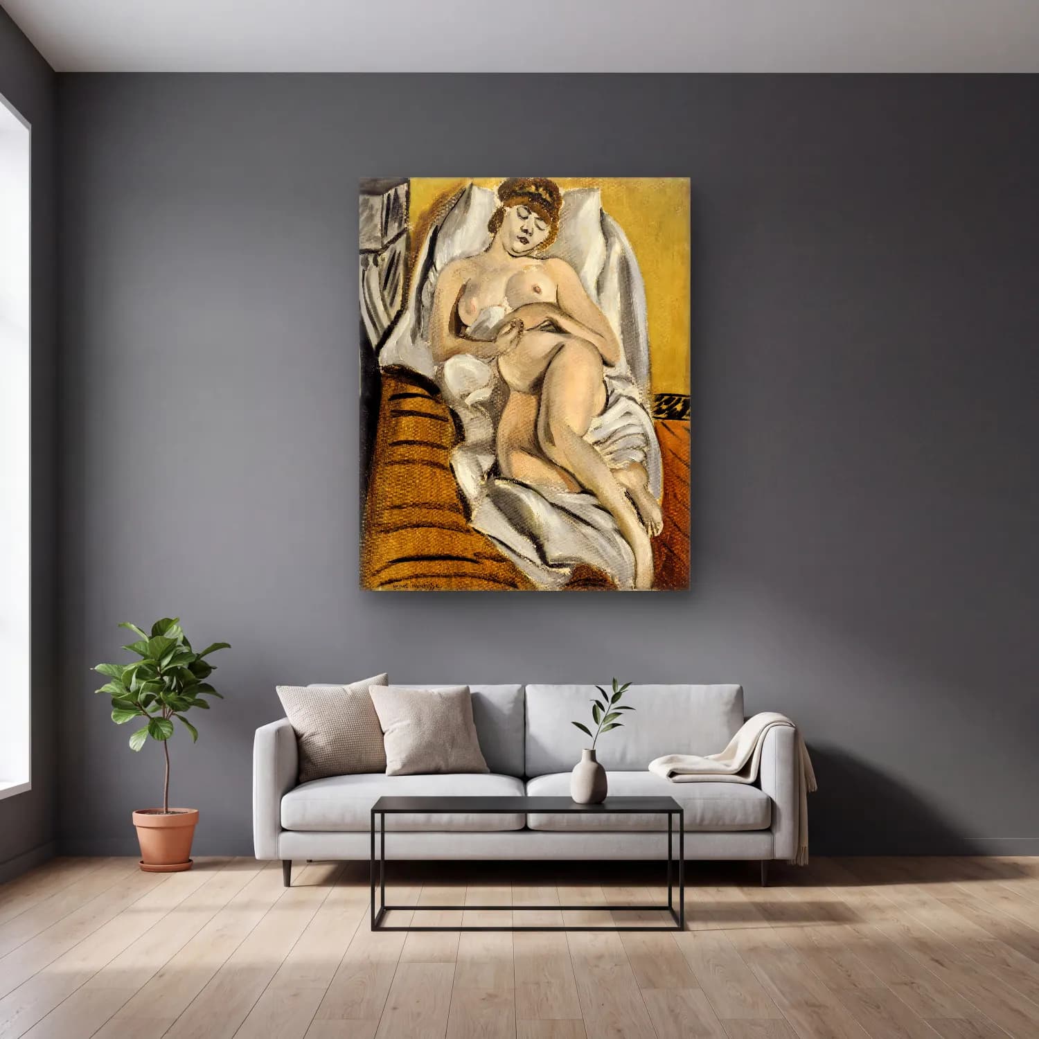 Henri Matisse – Femme nue (circa 1915) cam tablo — gri duvarlı salonda