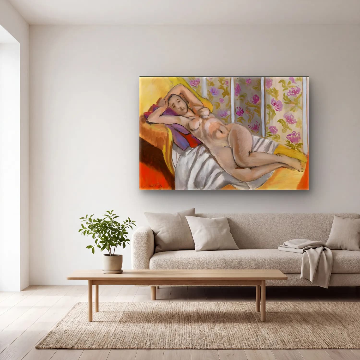 Henri Matisse – Reclining Nude (Nu couché) cam tablo — açık renk salonda