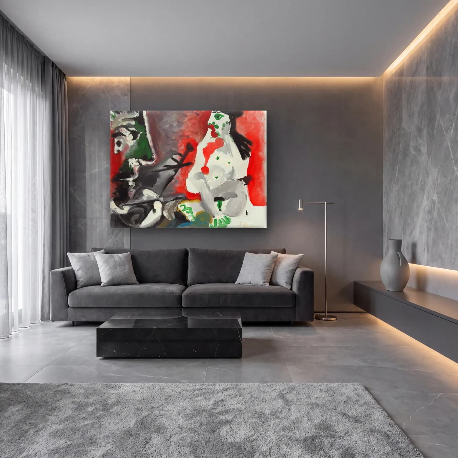 Modern Soyut Figür Çalışması No. 8 cam tablo — lüks salon duvarında