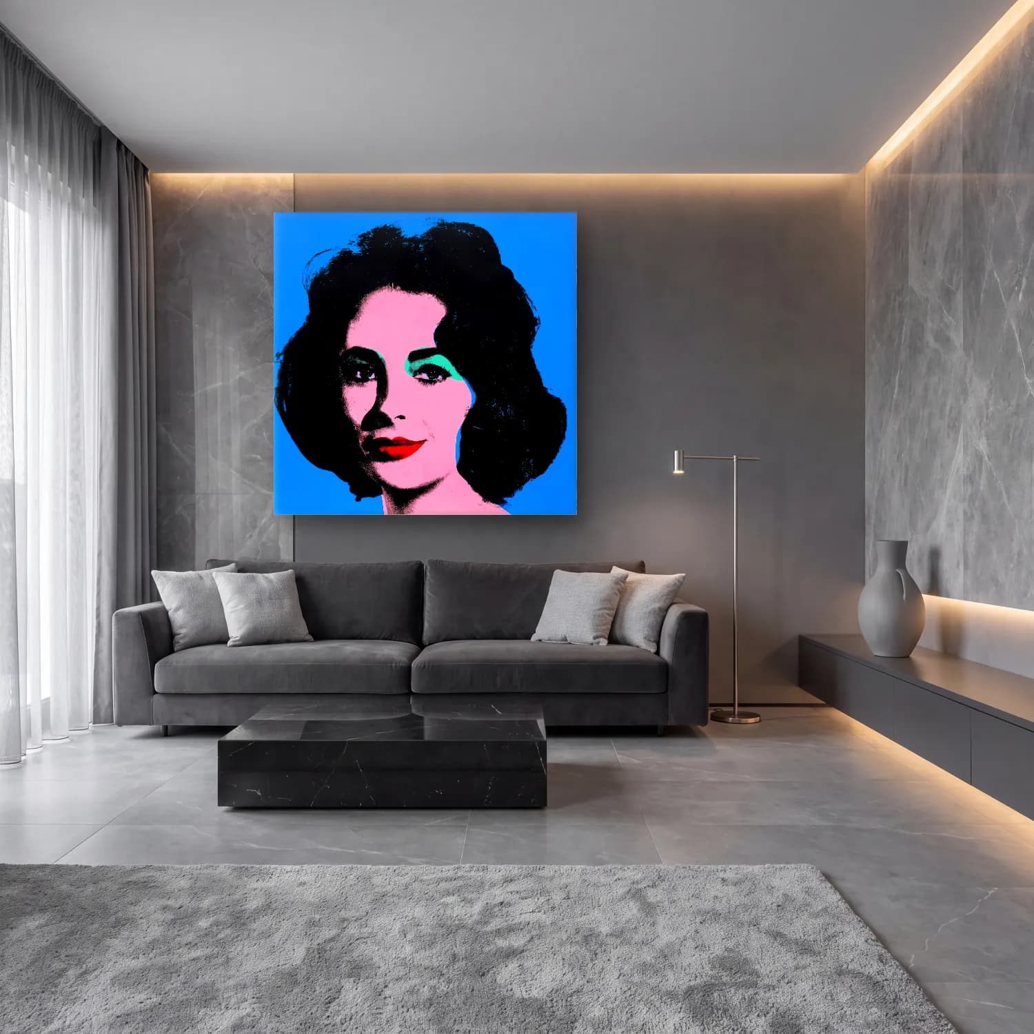 Pop Art Kadın Portresi – Mavi Tonlar cam tablo — lüks salon duvarında