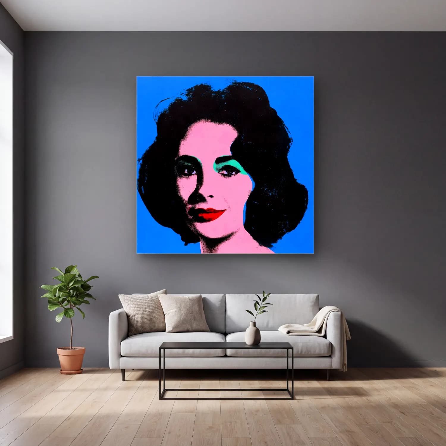 Pop Art Kadın Portresi – Mavi Tonlar cam tablo — gri duvarlı salonda