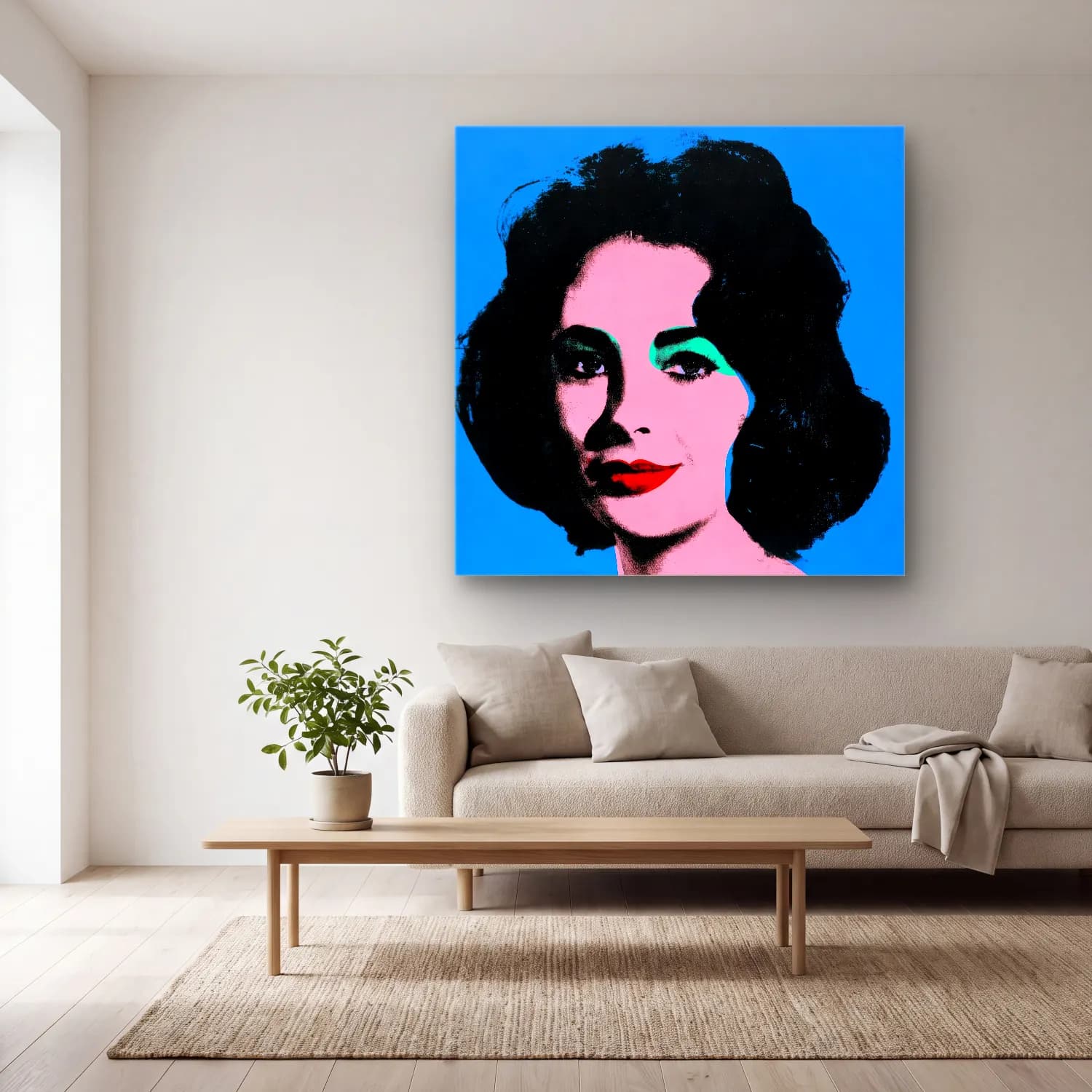 Pop Art Kadın Portresi – Mavi Tonlar cam tablo — açık renk salonda