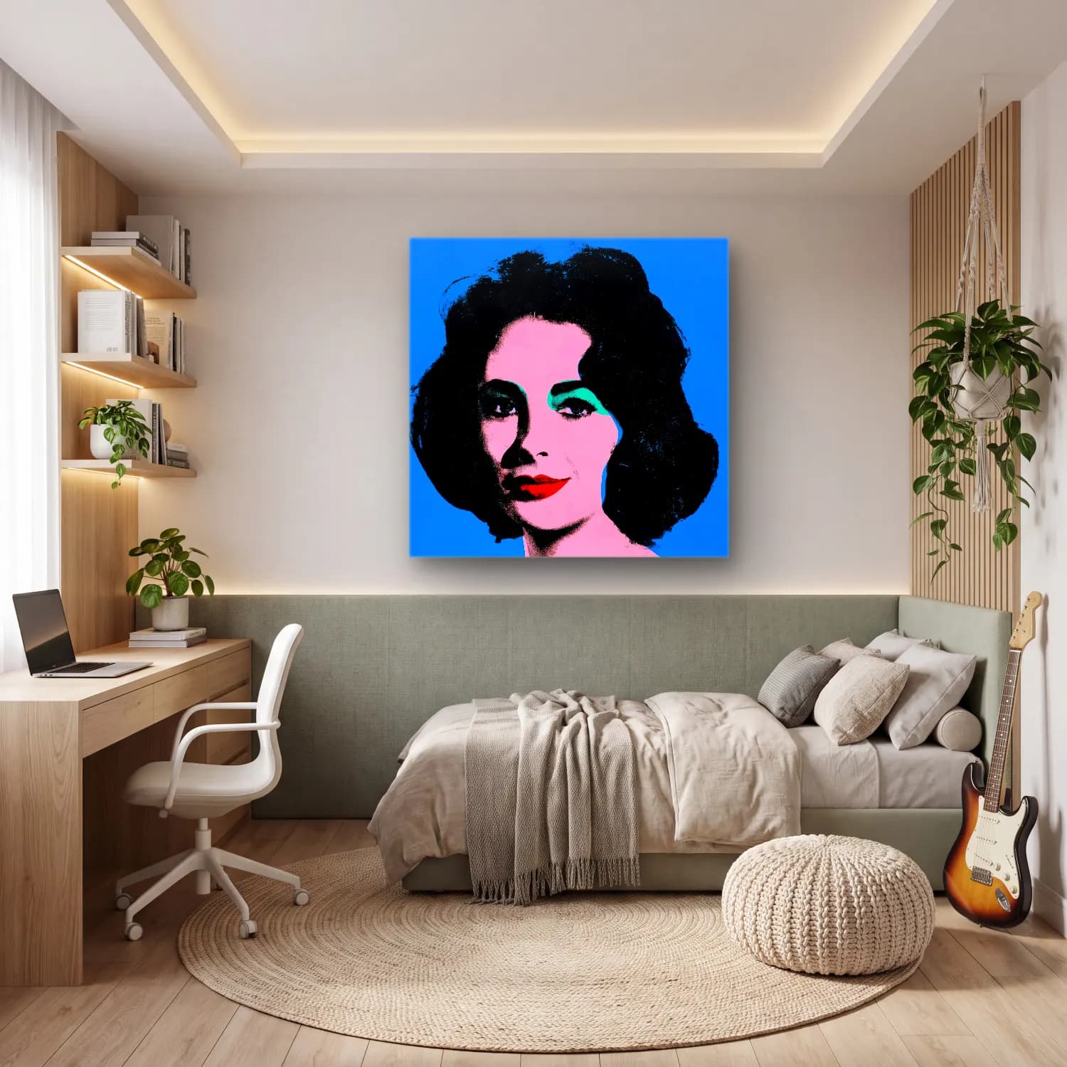 Pop Art Kadın Portresi – Mavi Tonlar cam tablo — genç odasında