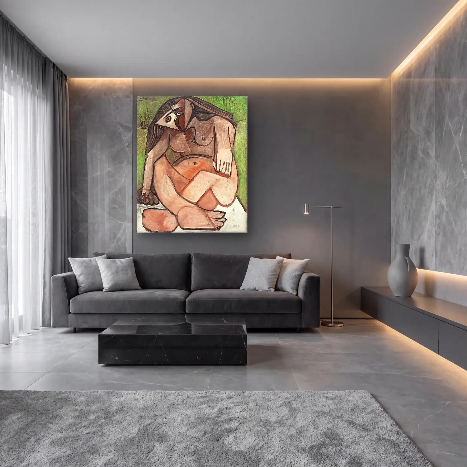 Modern Soyut Figür Çalışması No. 9 cam tablo — lüks salon duvarında